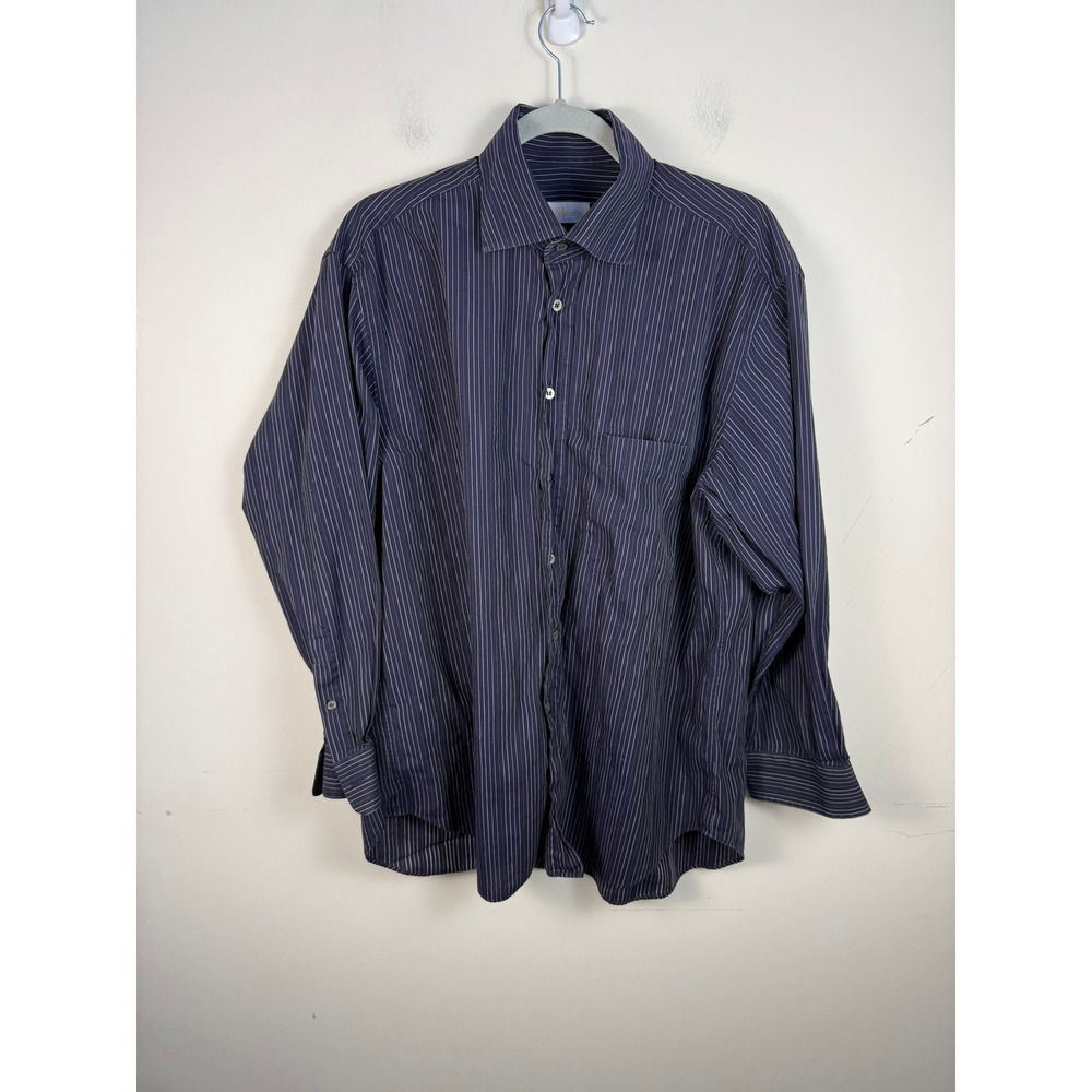 Brioni Mens Navy Blue Pinstripe Long Sleeve Button Down Dress Shirt Italy